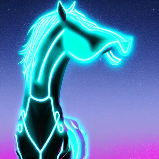 Image similar to synthwave horse with digital code halo, tron style, artstation style