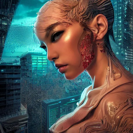 Image similar to the portrait of an absurdly beautiful, graceful, elegant, sophisticated, fashionable cyberpunk gravure idol, an ultrafine hyperdetailed illustration by kim jung gi, irakli nadar, intricate linework, bright colors, porcelain skin, unreal engine 5 highly rendered, global illumination, radiant light, detailed and intricate environment