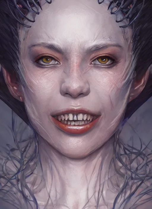 Image similar to a hyper detailed anime face portrait of the queen of blades smiling, with a beautiful face, by dorian cleavenger, greg rutkowski, wlop, astri lohne, zdzisław beksinski trending on artstation