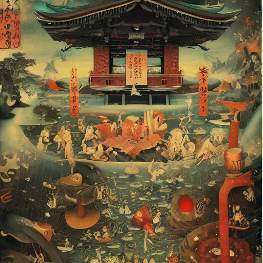 Prompt: Japanese Temple by Hieronymus Bosch and James Jean, Ross Tran, very coherent, hypermaximalist, 8k, surreal oil painting, highly detailed, dream like, masterpiece