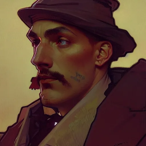 Image similar to portrait of a vicotrian engineer man in suit by alphonse mucha, simon stalenhag and darek zabrocki, cinematic and atmospheric, concept art, artstation, trending on artstation