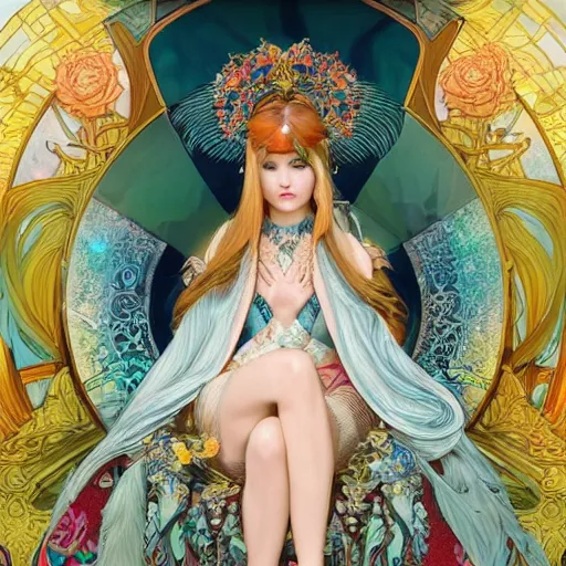 Image similar to A beautiful ice princess sitting on her throne, very colourful, highly detailed, artstation, intricate, smooth, sharp focus, bright, happy, illustration, art by Artgerm and Greg Rutkowski and Alphonse Mucha and Yuumei, good clear quality, lighting, biology, symmetrical artwork, perfect face, 135 mm, cinematic, hyper realism, glittering ice, dark, moonlight, high detail, octane render, 8k, crimson highlights