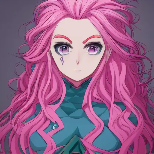 Image similar to stunningly beautiful omnipotent megalomaniacal anime goddess with porcelain skin, pink hair and mesmerizing cyan eyes, symmetrical perfect face smiling in a mischievous, devious and haughty way while looking down upon the viewer, mid view, hyperdetailed, 2 d, 8 k