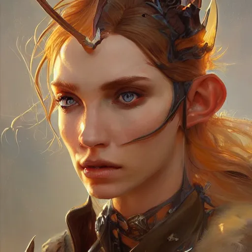 Image similar to A head-on detailed oil fantasy portrait of a pretty elf woman with copper horns, long blonde hair and bright copper irises, by greg rutkowski, trending on artstation, dungeon and dragons art