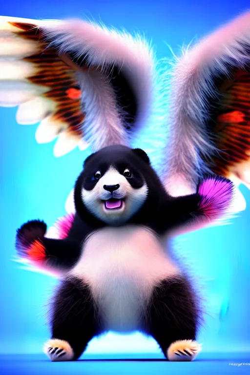 Prompt: high quality 3 d render hyperrealist very cute multicolor stripped fluffy! phoenix panda hybrid with wings!! highly detailed, vray smooth, in the style of detective pikachu, hannah yata charlie immer, dramatic blue light, low angle, uhd 8 k, sharp focus