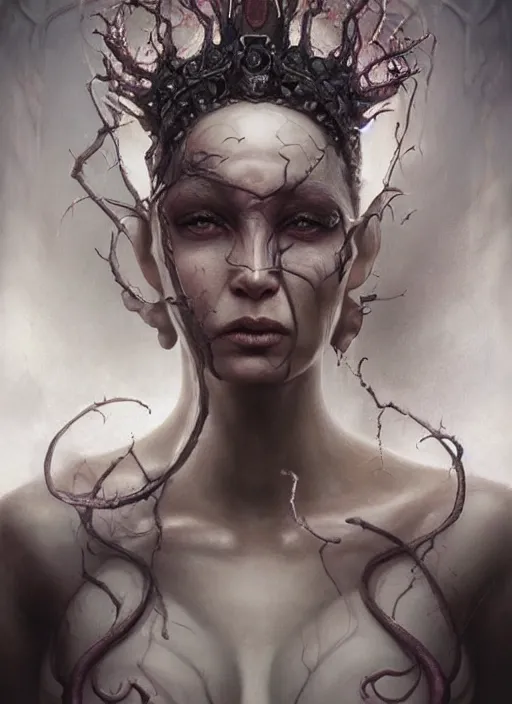 Prompt: a detailed facial portrait of the queen of blades, a beautiful face, mutation, by tom bagshaw, by dorian cleavenger, zdzisław beksinski, bastien lecouffe - deharme trending on artstation