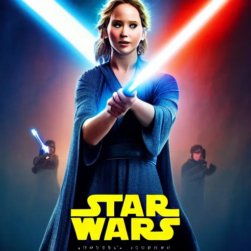 Image similar to jennifer lawrence as a jedi holding up a blue lightsaber, very dark background, official new star wars episode xi movie poster from lucas arts, perfect symmetrical face, full moon, moody lighting, 8 k, shallow depth of field, intricate detail,