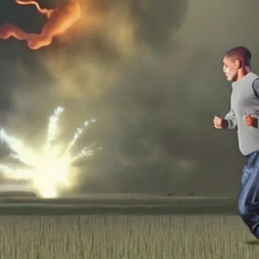 Image similar to cctv footage of a man running across a field, in the background is a large explosion, highly detailed, very realistic.