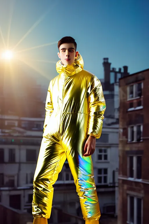 Image similar to un ultra high definition studio quality photographic art portrait of a young man standing on the rooftop of a british apartment building wearing opaque soft inflatable padded iridescent refractive clothing. three point light. extremely detailed. golden ratio, ray tracing, volumetric light, shallow depth of field. set dressed.