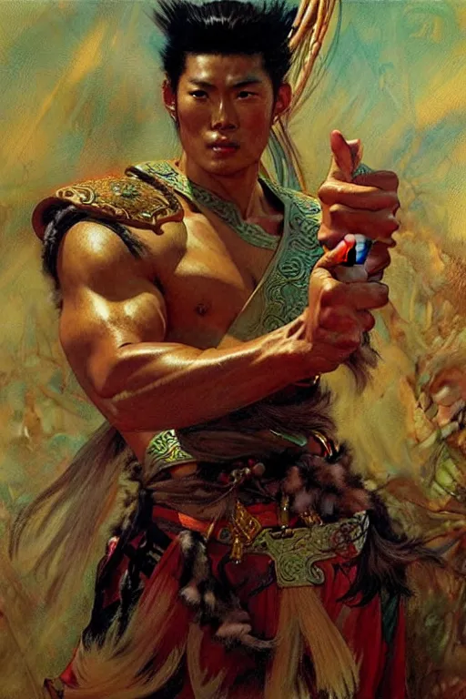 Prompt: wuxia, muscular male, character design, ancient china, colorful, painting by gaston bussiere, craig mullins, j. c. leyendecker, tom of finland