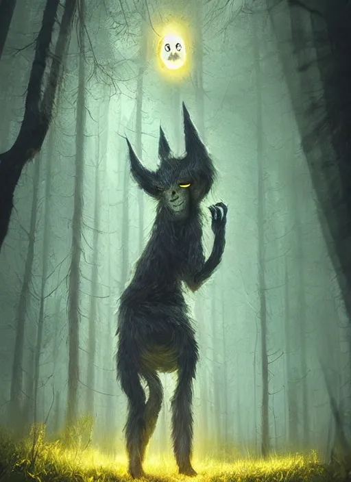 Prompt: a ominous furry creature with long twisted ears standing in a forest, yellow glowing eyes, dark fantasy, michael kutsche, concept art, beautiful lighting