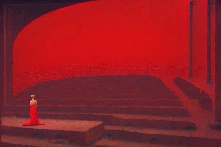 Image similar to only with red, a red melted emperor, taormina amphitheatre, crowd hails him, in the style of beksinski, parts by edward hopper, parts by rodcenko, parts by yue minjun, intricate and epic composition, red by caravaggio, insanely quality, highly detailed, masterpiece, red light, artstation, 4 k