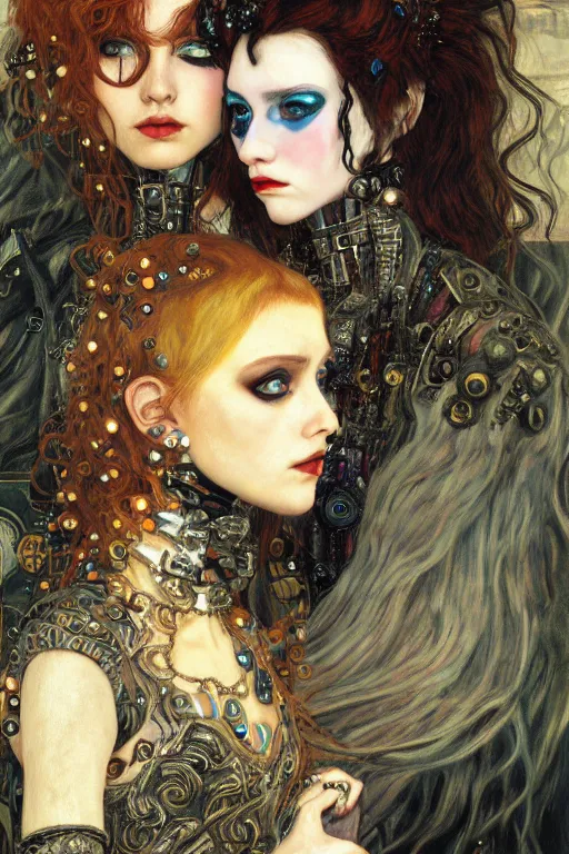 Image similar to portrait of two beautiful young gothic maidens, cyberpunk, Warhammer, kiss, highly detailed, artstation, illustration, art by Gustav Klimt