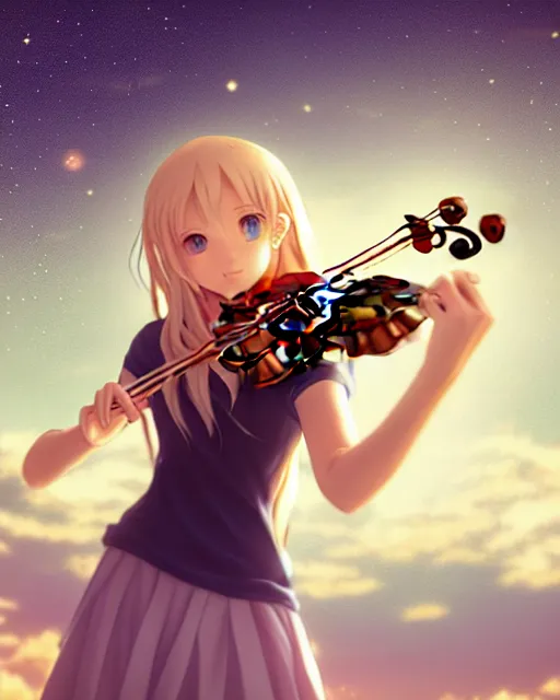 Prompt: teen, cute, full body, a female with white skin and golden long wavy hair holding a violin and playing a song, heavenly, stunning art style, filters applied, lunar time, night sky, trending art, sharp focus, centered, landscape shot, fate zero, simple background, studio ghibly makoto shinkai yuji yamaguchi, by wlop