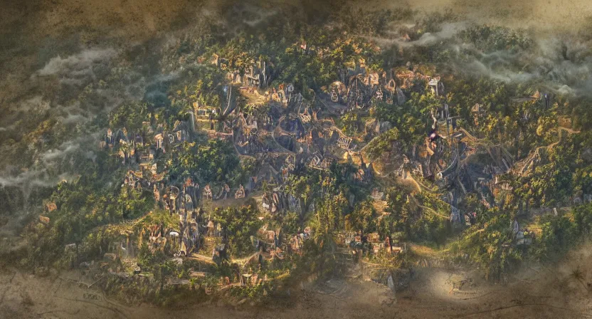 Image similar to Detailed overhead Photorealistic Map of small village in magical world, war torn, fire, evil, mist, siege, battlefield, trenches, miniature, gritty, dragon, goblins, orcs, giants, forest, Greg Rutkowski, trending on Artstation