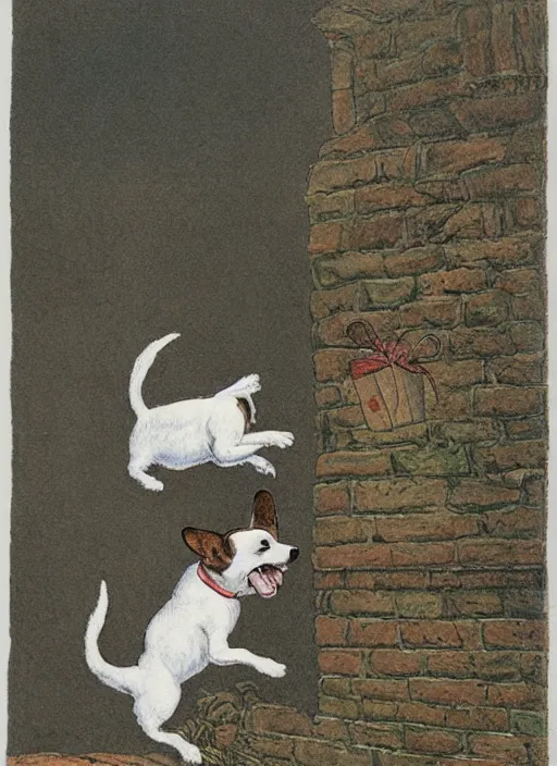 Image similar to jack russel terrier jumping from the ground over a brick wall, illustrated by peggy fortnum and beatrix potter and sir john tenniel