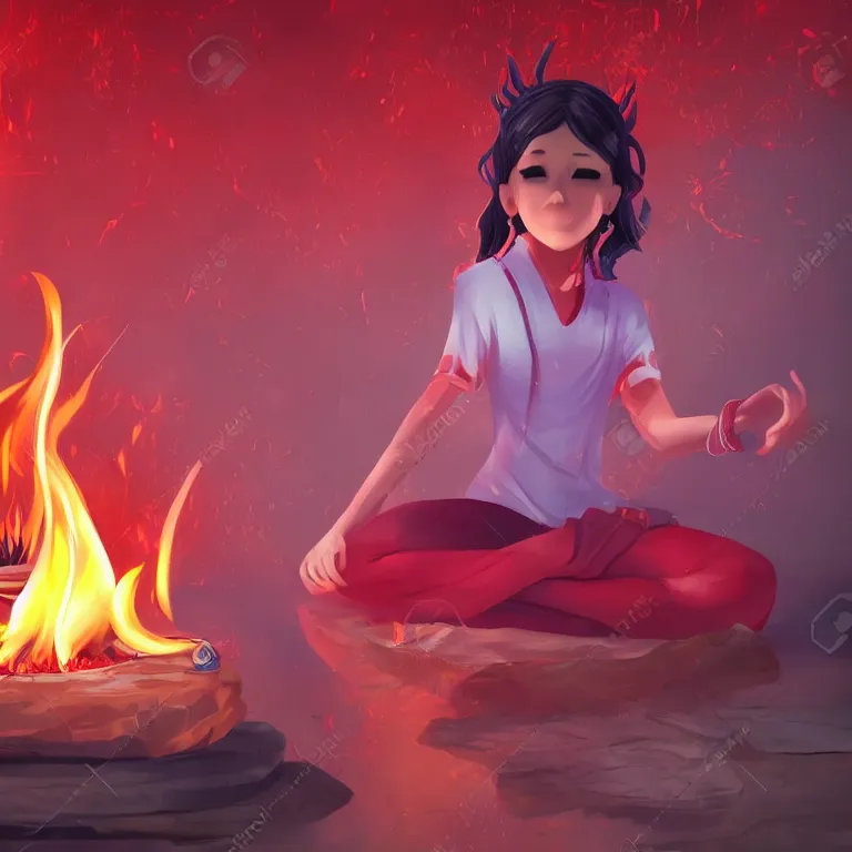 Prompt: a 2 d illustration of character, the teenager nezha sit in meditation in the fire, full body, cute, fantasy, close - up, red flame background, 8 k