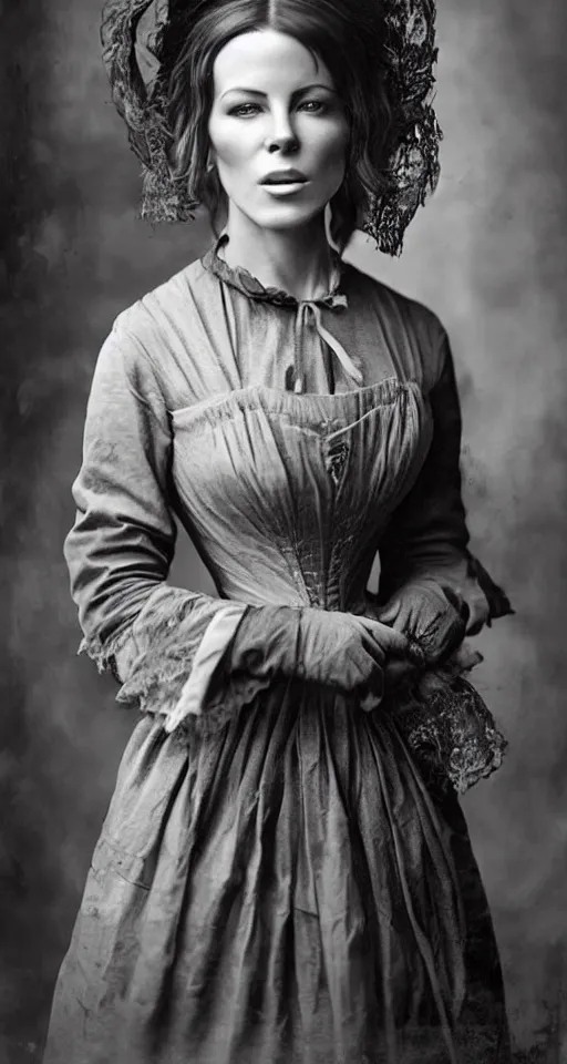 Image similar to digital collodion photograph, a beautiful portrait of Kate Beckinsale dressed in victorian era clothes