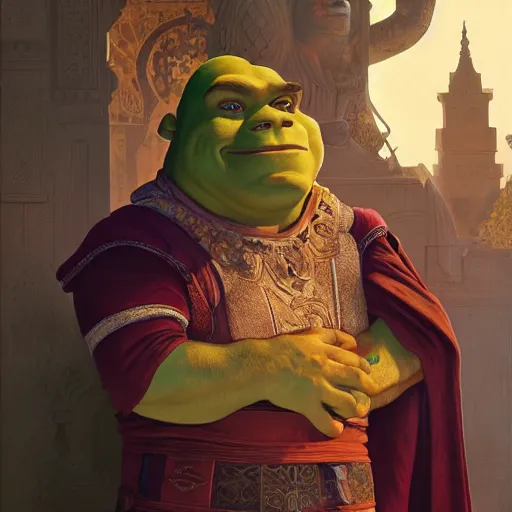 Image similar to portrait of shrek in marrakech, highly detailed, digital painting, artstation, concept art, smooth, sharp focus, illustration, art by artgerm and greg rutkowski and alphonse mucha