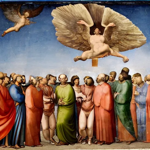 Image similar to Moodymann ascends to Heaven on a flying turntable, fresco, by Raphael, Giotto, Michelangelo