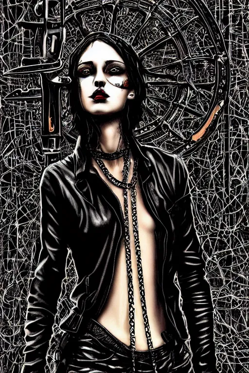 Image similar to dreamy gothic girl, black leather slim clothes, chains, chainsaw, beautiful slim body, detailed acrylic, grunge, intricate complexity, by dan mumford and by alberto giacometti, peter lindbergh