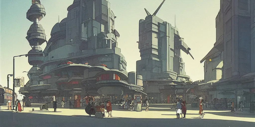 Image similar to An imposing futuristic building lights up an wide city square, dieselpunk, by Studio Ghibli and Edward Hopper