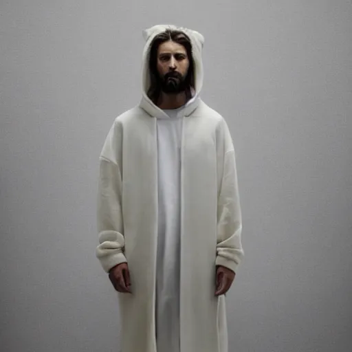 Prompt: a full body portrait of modern day jesus wearing cream fear of god menswear collection by nicola samori, hat and hoodie, detailed, oil painting, hyper realistic, 8 k, yeezy collection