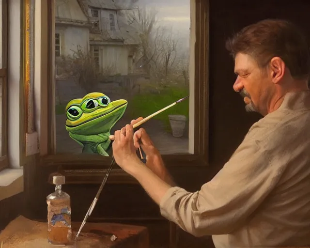 Prompt: a painter in his studio painting a picture of a pepe the frog - key lighting, soft lights, foggy, by steve hanks, by lisa yuskavage, by serov valentin, by tarkovsky, 8 k render, detailed, oil on canvas