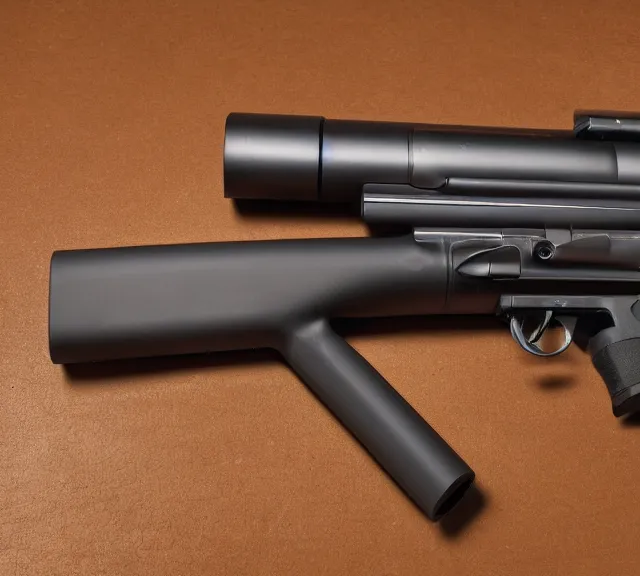 Image similar to a 4 k photorealistic photo product photo of a gun designed by apple inc.