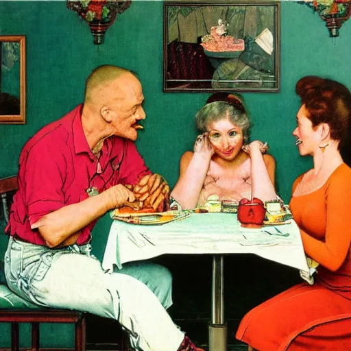 Prompt: happy polyamorous family of two men and two women around the breakfast table. flamingo wallpaper behind them by norman rockwell and larry flynt, high color, detailed,