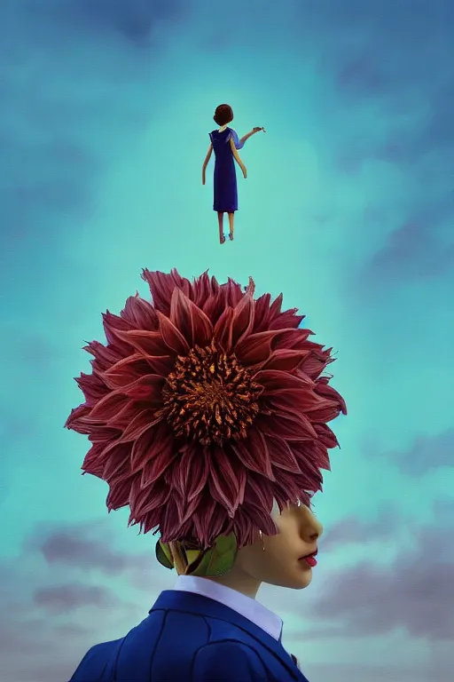 Image similar to closeup giant dahlia flower head, girl in a suit, street, surreal photography, blue sky, sunrise, dramatic light, impressionist painting, digital painting, artstation, simon stalenhag