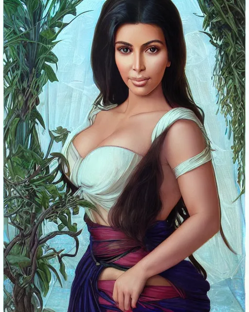 Image similar to a highly realistic, true to life portrait of kim kardashian as a beautiful young middle eastern girl, sharp focus, from the waist up, with sharp features, a beautiful face, soft smile, under studio lighting, taken with a canon eos camera with 1 3 5 mm focal length, art by artgerm and greg rutkowski and alphonse mucha