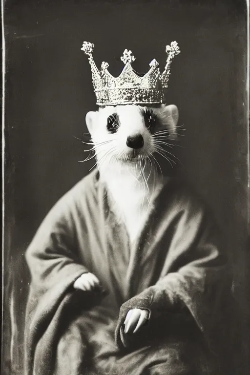 Prompt: a wet plate photo of a ferret king, wearing a crown, wearing a robe