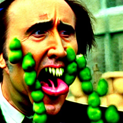 Image similar to nicolas cage screaming with a mouth full of peas, movie still, the wicker man