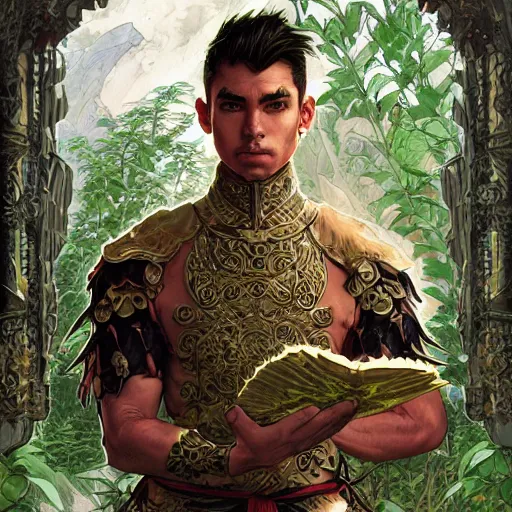 Prompt: An epic fantasy comic book style portrait of a fantasy male martial arts expert, temple ruins surrounded by lush meadow and big pines, intricate, elegant, highly detailed, digital painting, artstation, concept art, matte, sharp focus, illustration, art by Artgerm and Greg Rutkowski and Alphonse Mucha