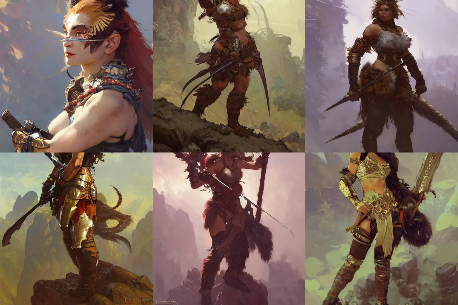 Prompt: female warrior in furry tiger armor character. Renowned character illustration by greg rutkowski, thomas kindkade, alphonse mucha, loish, norman rockwell. Trending on artstation.