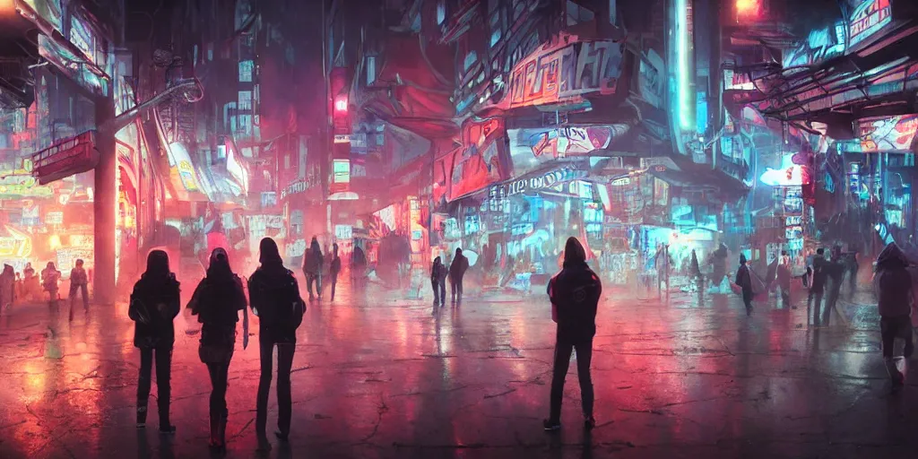 Prompt: teenagers with tech clothing and hoods and futuristic gas masks painting giant graffitis on the walls of a dystopian city, neon lights, sci - fi, night lights, rain and haze, concept art, intricate, photorealistic, in the style of katsuhiro otomo, akira, octane render, rtx, hdr, unreal engine