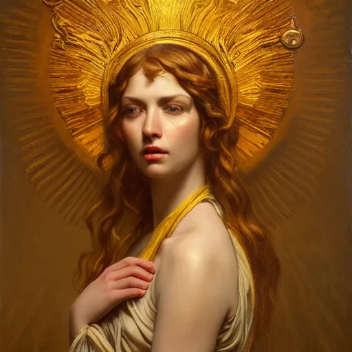 Prompt: highly detailed oil painting | very intricate | cinematic lighting | award - winning | the beautiful angel of the sun wearing a flowing toga | by roberto ferri, by tom bagshaw, by j. c. leyendecker and klimt, beautiful cinematic light, american romanticism, by austin osman spare, artstation, cgsociety, official art, octane