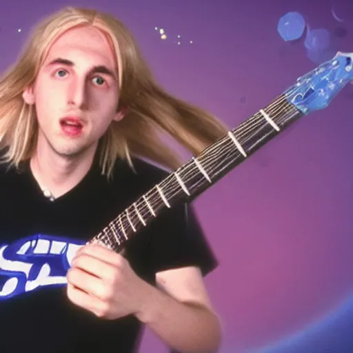 Image similar to live action still of porter robinson with long blonde hair in space jam, real life, hyperrealistic, ultra realistic, realistic, highly detailed, epic, hd quality, 8k resolution, body and headshot, film still