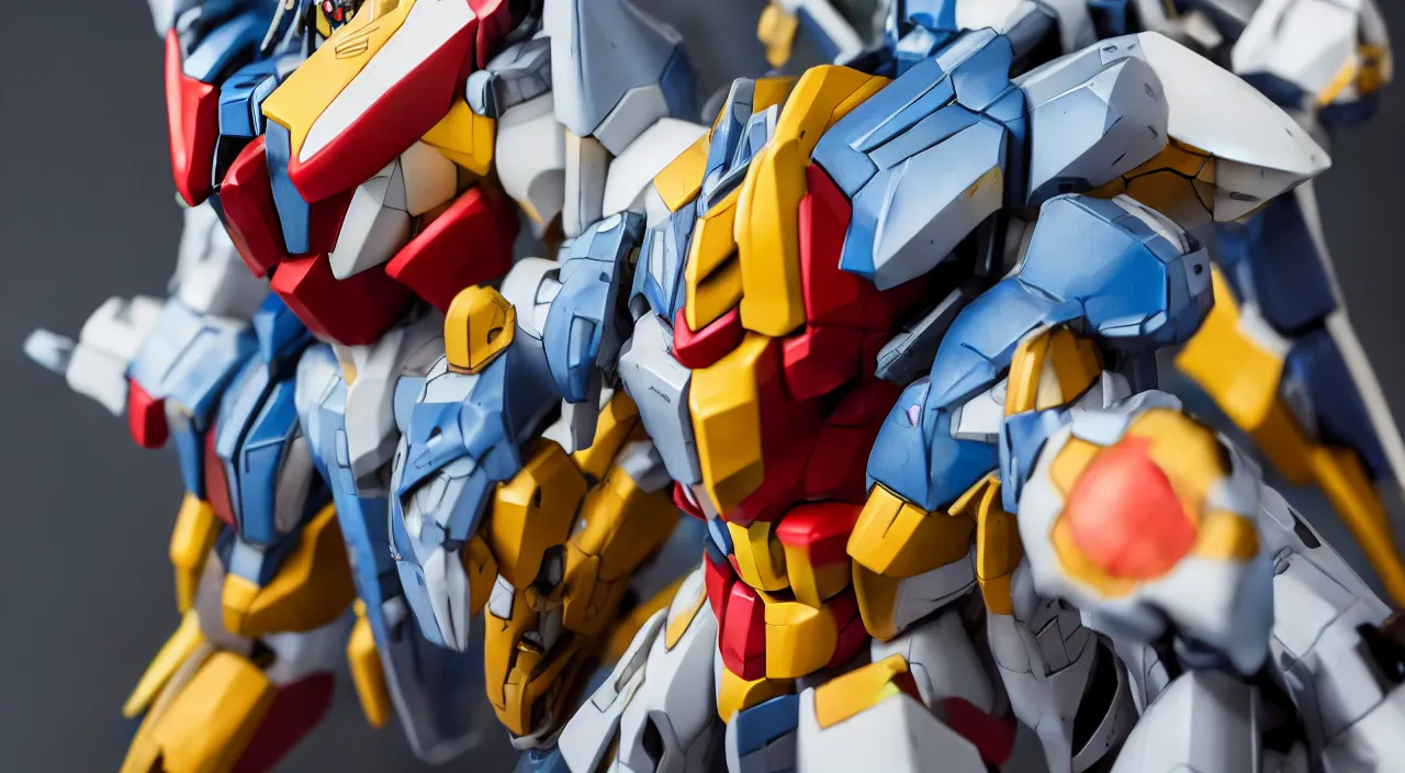 Image similar to medium close up view, Gundam,Guyver,colourful,bokeh,blur,cinematic lighting