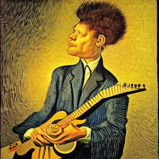 Prompt: a guitarist playing a guitar so intensely there is electricity shooting out from the fretboard, cosmic bliss, magritte, escher, rebrandt, van gogh, baptiste, vonciolenali