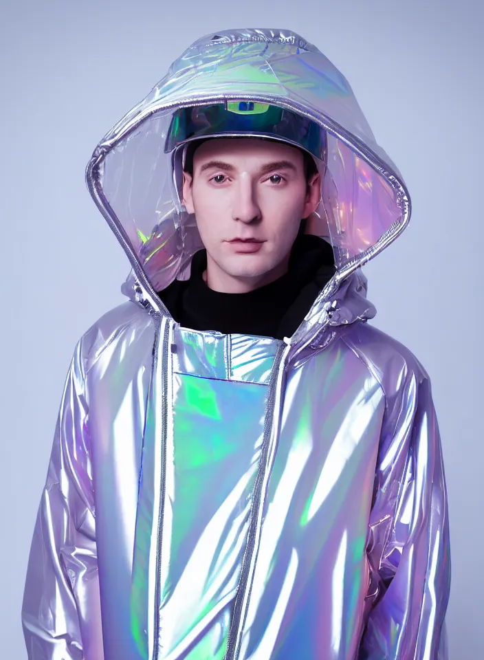 Image similar to an ultra high definition professional studio quality portrait photograph of a silver skinned android influencer wearing a transparent iridescent pastel coloured visor and matching wavey raincoat on white hook in a sheer icelandic black rock environment. three point light. dramatic lighting. volumetric shadows. light rays