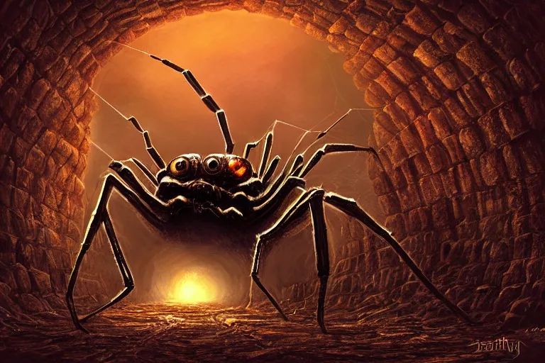 Image similar to a monstrous spider in a dark tunnel, cobwebs, atmospheric, in the style of jeff easley, dramatic lighting, low angle, wide angle, hyper - realistic, highly detailed digital art