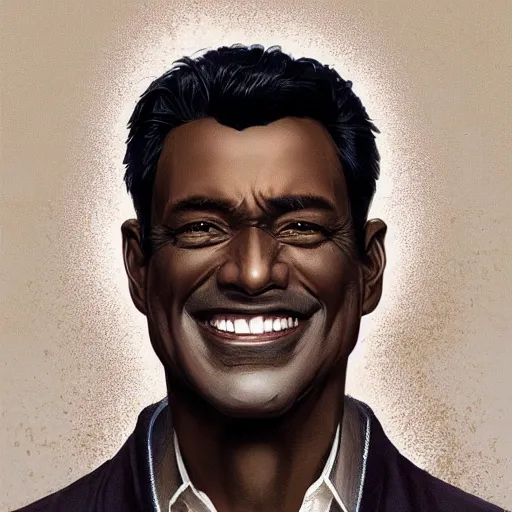 Image similar to portrait of a handsome, dark skinned man smiling brightly, in his 5 0 s with salt and pepper hair and sharp cheekbones, dressed in expensive clothes, detailed face, smooth, sharp focus, graphic novel, art by artgerm and greg rutkowski and pepe larraz,