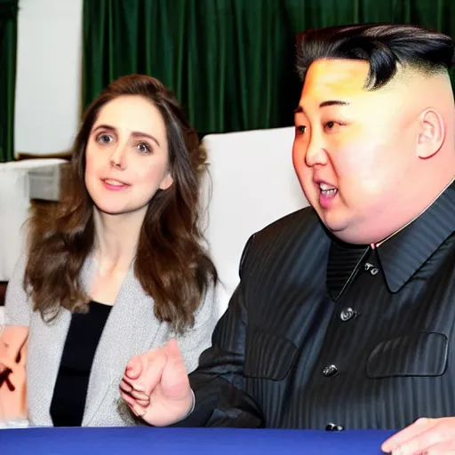 Image similar to close up shot of alison brie engaging peace talks with kim jong un at the slough corn exchange. photography, photographic