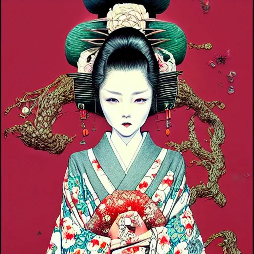 Image similar to beautiful portrait painted in jacek yerka and aykut aydogdu style drawn by vania zouravliov and takato yamamoto, inspired by geisha, intricate acrylic gouache painting, high detail, sharp high detail, artstation, manga and anime