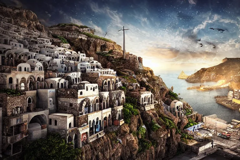 Image similar to grecian favela sculpture, urban shopping environment, industrial factory, cliffs, sunny, milky way, award winning art, epic dreamlike fantasy landscape, ultra realistic,