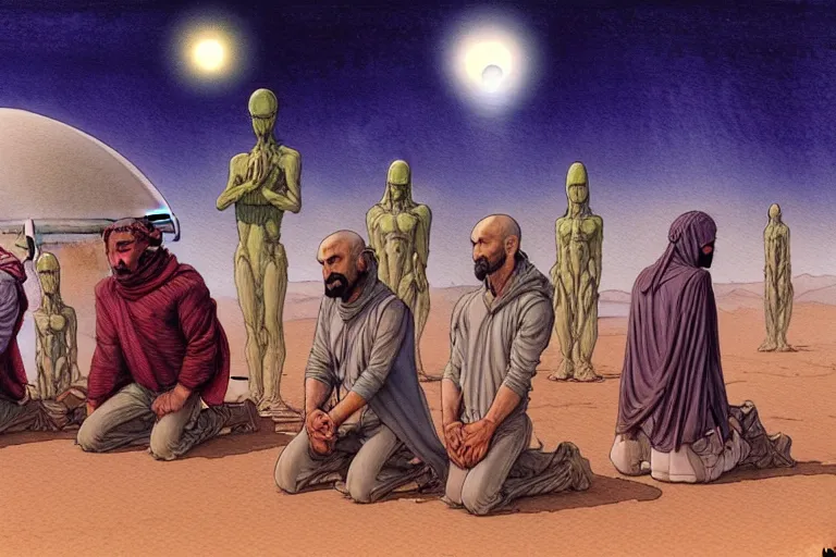 Prompt: a hyperrealist watercolour character concept art portrait of a group of middle eastern men kneeling down in prayer in front of an elegant alien with 1 2 eyes on a misty night in the desert. a ufo is in the background. by rebecca guay, michael kaluta, charles vess and jean moebius giraud