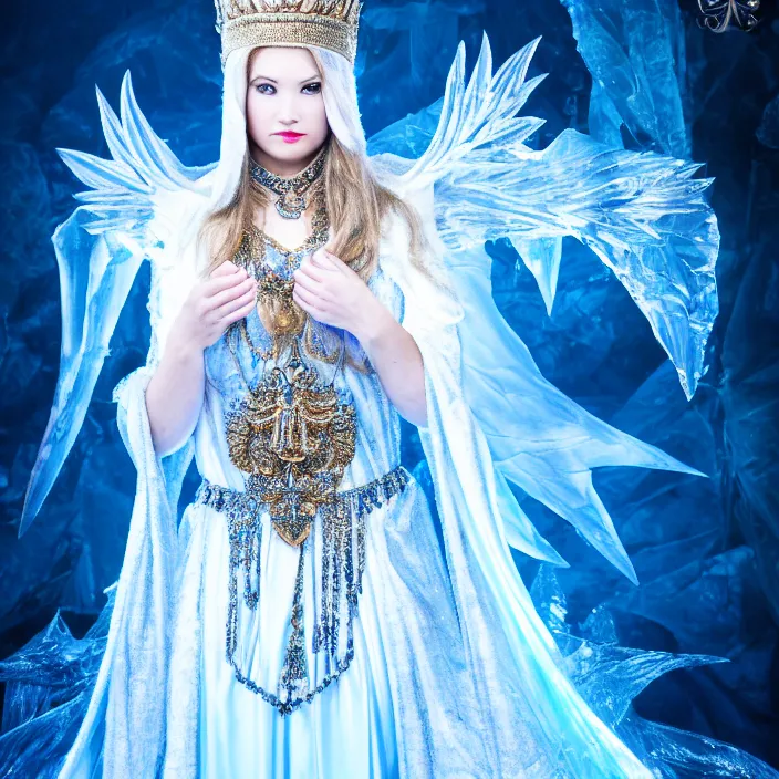 Prompt: full length photo of a very beautiful!! ice queen with ornate robes, highly detailed, 4 k, hdr, smooth, sharp focus, high resolution, award - winning photo