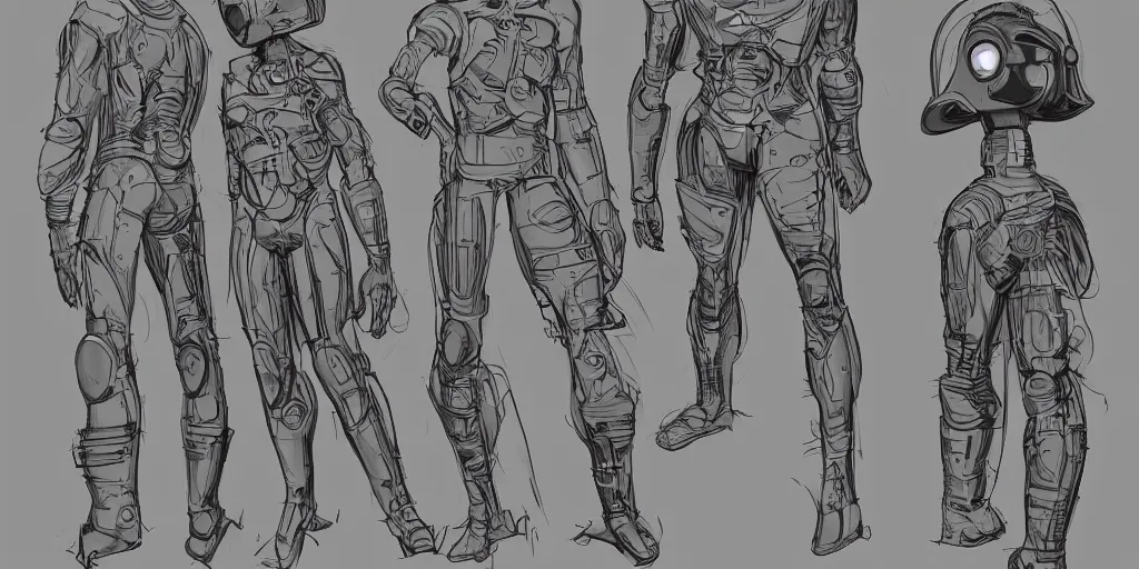 Image similar to male, fully body, elongated figure, science fiction space suit with a helmet, large shoulders, short torso, long thin legs, tiny feet, character sheet, funko, digital sketch, hyperdetailed, dieselpunk, stylized character design, concept design, in the style of mike mignola